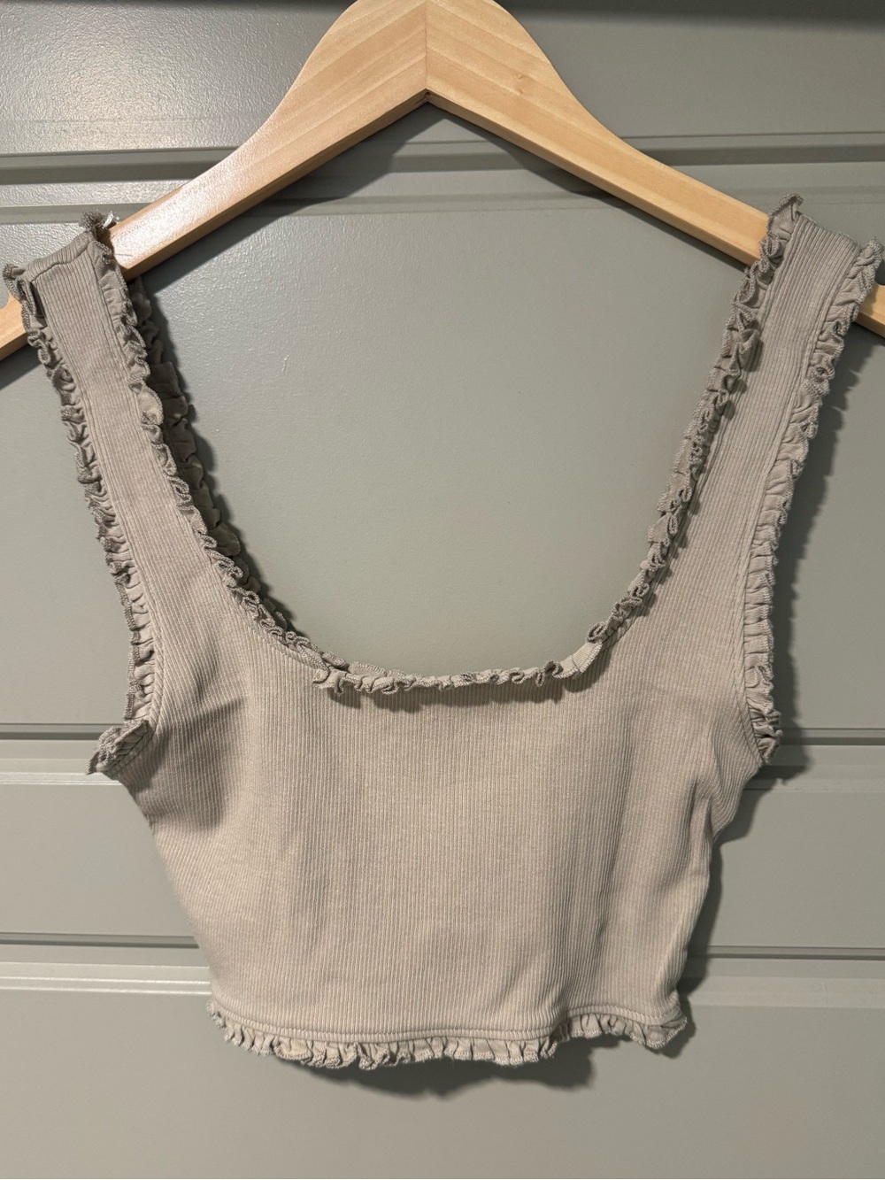 Zara Ribbed Ruffle-Trim Crop Top - Taupe